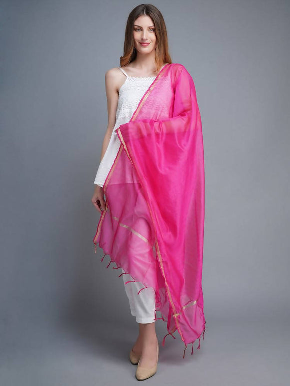 Shehnaai Chanderi Silk Dupatta In Magenta Colour With A Golden Woven Border