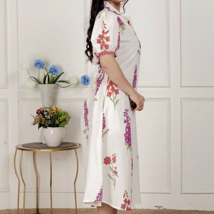 Miravan Womens Off White Flower Printed Cotton Flex Maxi Dress