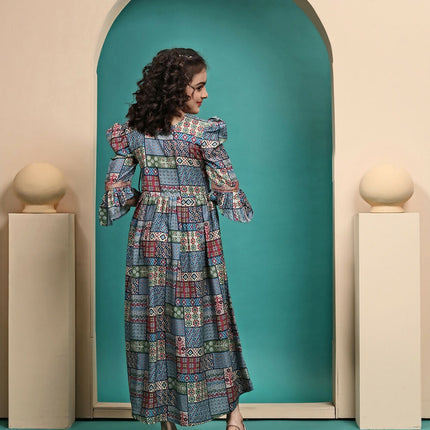 Divine Drape Girls Muslin Blue Printed Kids Anarkali Gown