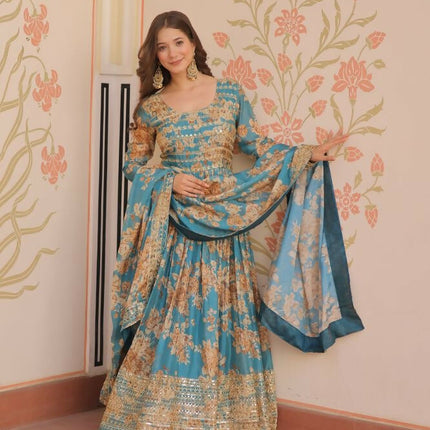 Aastha Fashion Rama Russian Silk Digital Print With Embroidered Sequins Work Party Wear Designer Gown