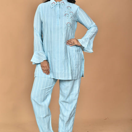Morchari Women And Hand Embroidery Co-Ords-Sky Blue