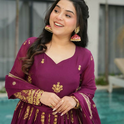 Aastha Fashion Wine Star Georgette Embroidery Zari Sequins-work Party Wear Designer Gown