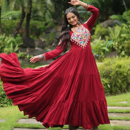 Aastha Fashion Maroon 14 kg Reyon Kutchi Gamthi Work Party Wear Designer Gown