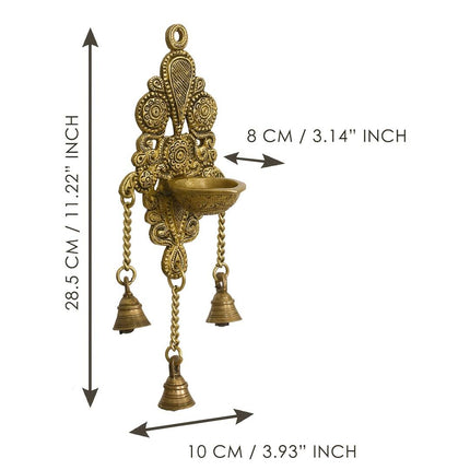eCraftIndia Gold-Toned Handcrafted Antique Finish Diya with Bells Decorative Wall Hanging Showpiece