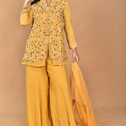 Morchari Women And Hand Embroidery Palazzo Set-Yellow