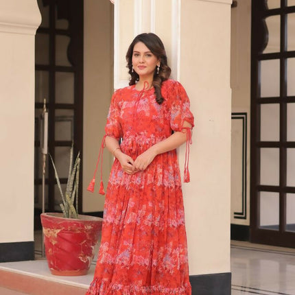 Aastha Fashion Red Faux Georgette Printed Party Wear Designer Gown