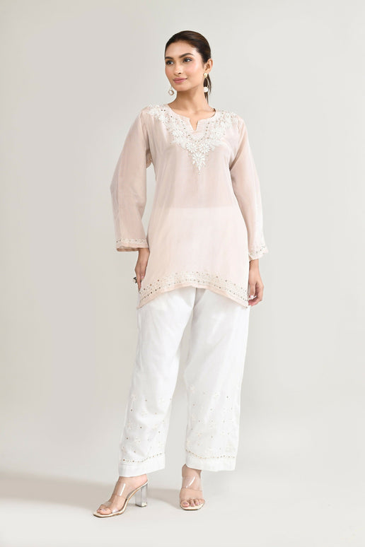 Joban Fashion Womens Cotton ChikanKari Off White Cord set