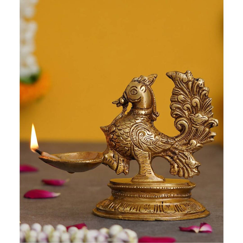 eCraftIndia Gold-Toned Peacock Brass Diya Stand