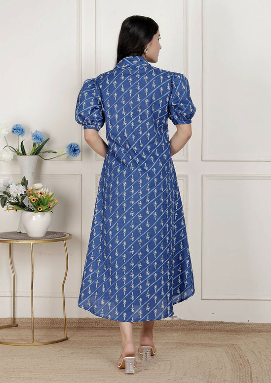Miravan Womens Floral Print Blue Collar-Neck Puff Sleeves A-Line Maxi Dress