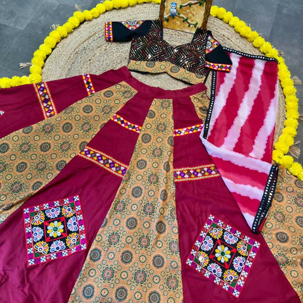 Aastha Fashion Maroon Maslin / Rayon Heavy Print + Gamthi Work Lace + Patch Semi Stitched Wedding Wear Lehenga Choli