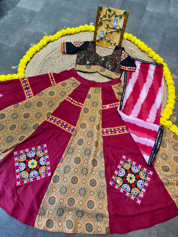 Aastha Fashion Maroon Maslin / Rayon Heavy Print + Gamthi Work Lace + Patch Semi Stitched Wedding Wear Lehenga Choli