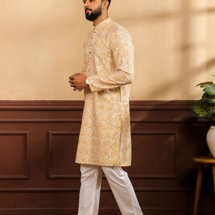 Mustard Art Silk Digital Printed, Embroidery Work Kurta Set - Mahotsav