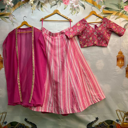 Aastha Fashion Pink Slub Silk Embroidery Thread / Sequence Work + Digital Print Semi Stitched Wedding Wear Lehenga Choli