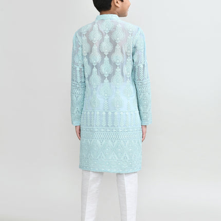 Joban Fashion Georgette Aqua Green Kurta With Straight Fit Pant