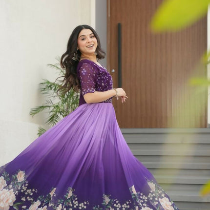 Aastha Fashion Purple Faux Blooming Embroidered work and Rich Floral Pedding Digital Print Party Wear Designer Gown