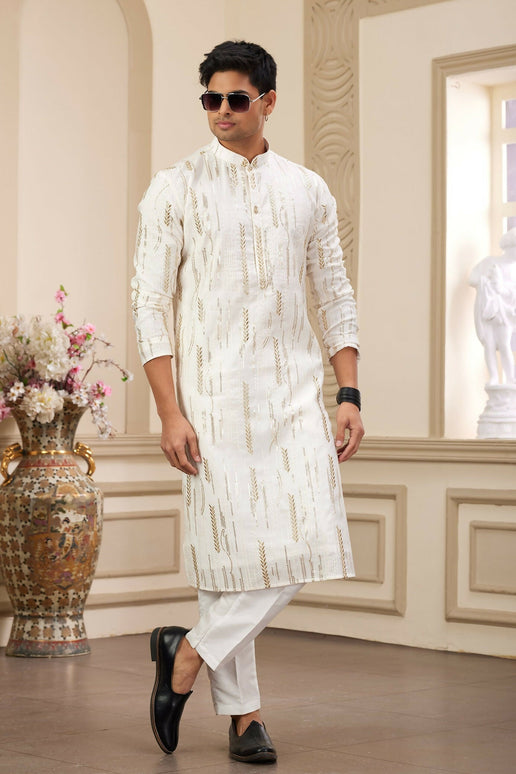 Raivat Ethnic Men's Art Silk Thread Work Kurta Pyjama In Cream Colour