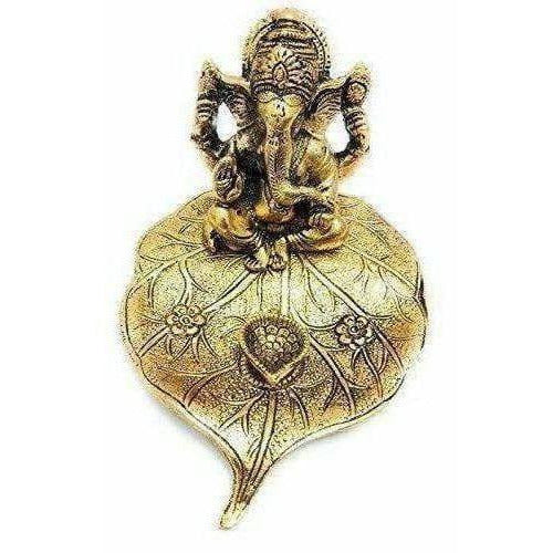 Handicraft Ganesha Sitting on Leaf with Diya Gold-Polished for Home Decor