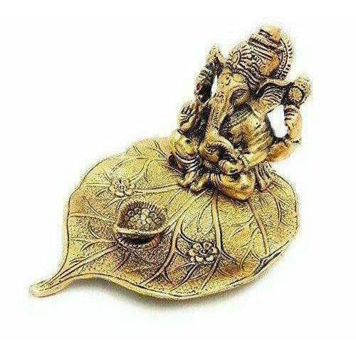 Handicraft Ganesha Sitting on Leaf with Diya Gold-Polished for Home Decor