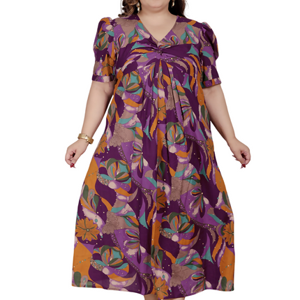 Miravan Womens Plus Size Floral Print Puff Sleeve Pure Cotton Magenta Butterfly Maxi Dress