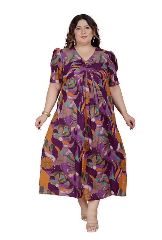 Miravan Womens Plus Size Floral Print Puff Sleeve Pure Cotton Magenta Butterfly Maxi Dress