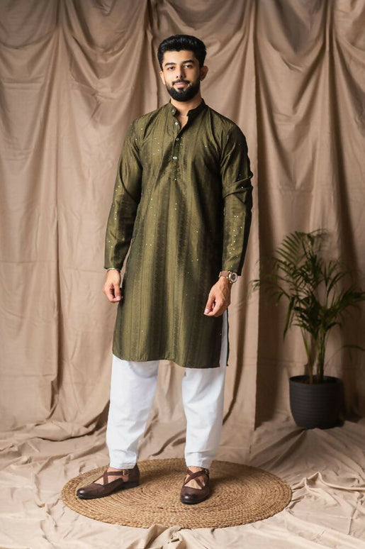 Mehandi Green Rayon Thread Embroidery Work Kurta Set - Mahotsav