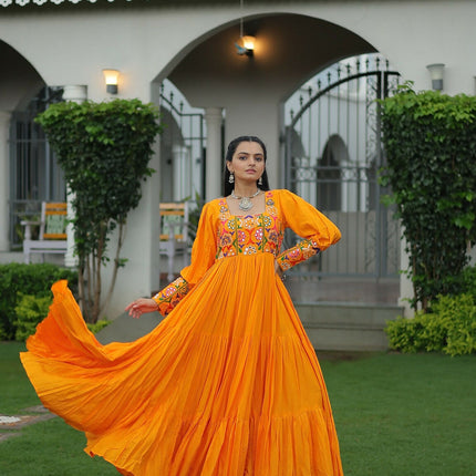 Aastha Fashion Yellow Rayon Party Wear Designer Gown Collection