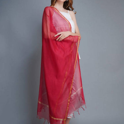 Shehnaai Chanderi Silk Dupatta Red Colour With A Golden Woven Border