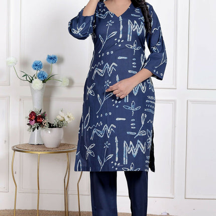 Miravan Womens Abstract Blue Printed Cotton Blue Co-Ord Set