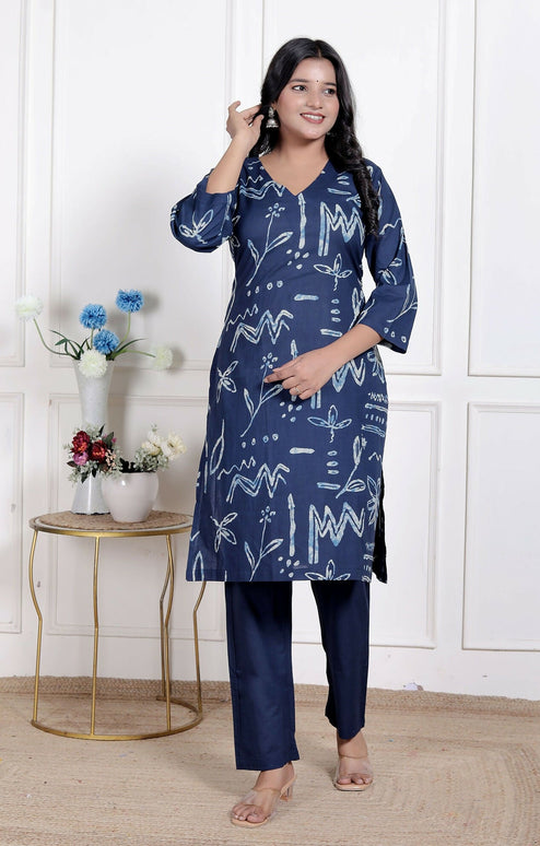 Miravan Womens Abstract Blue Printed Cotton Blue Co-Ord Set
