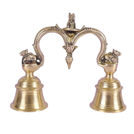 CraftVatika Gold-Toned Brass Hand Held With Nandi Sitting On Top Double Puja Bell