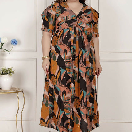 Miravan Womens Plus Size Pure Cotton Black Puff Sleeve Floral Printed Butterfly Maxi Dress