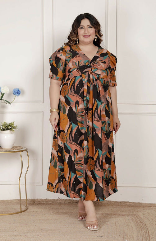 Miravan Womens Plus Size Pure Cotton Black Puff Sleeve Floral Printed Butterfly Maxi Dress