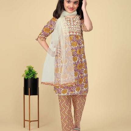 Divine Drape Girls Poly Cotton Yellow Embroidered Straight Kids Kurta Pant With Dupatta