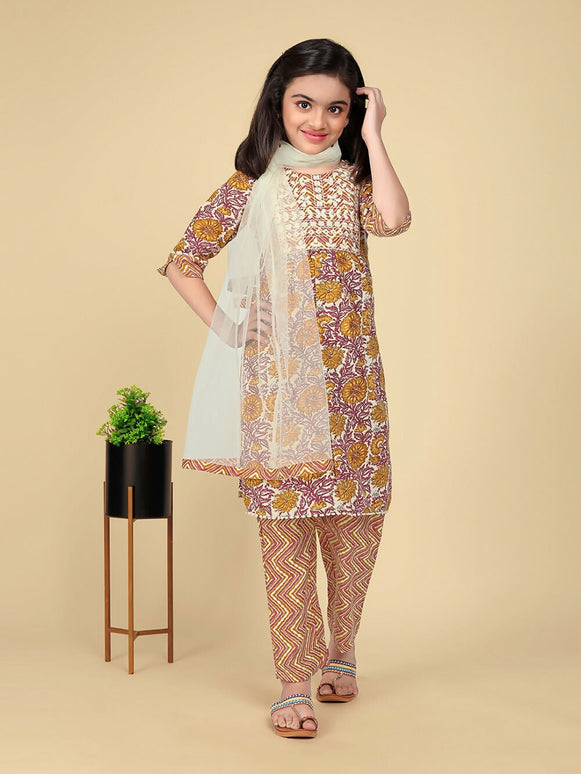 Divine Drape Girls Poly Cotton Yellow Embroidered Straight Kids Kurta Pant With Dupatta