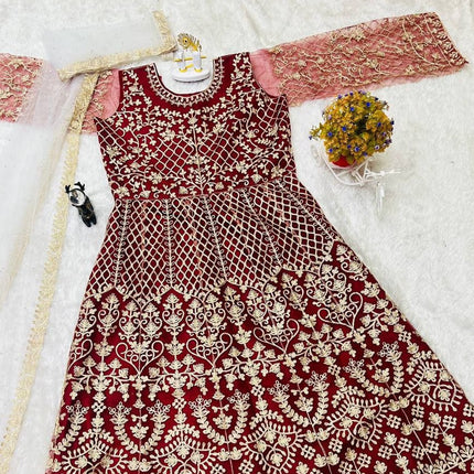 Pramukh Fab Maroon Color Net Gown