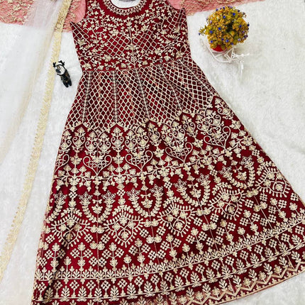 Pramukh Fab Maroon Color Net Gown