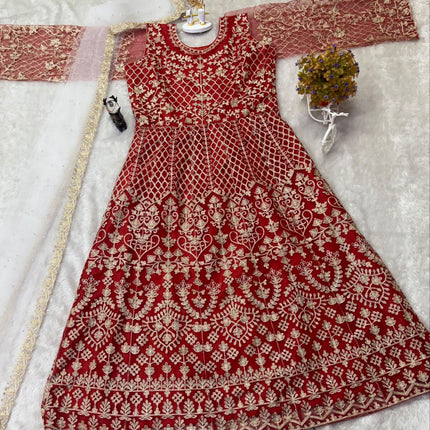 Pramukh Fab Red Color Net Gown