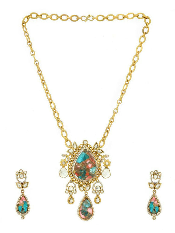 Natural Stones Antique Finish Earrings and Necklace set - Ruby Raang