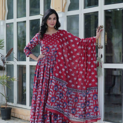 Aastha Fashion Maroon Pure Cotton Printed Party Wear Designer Gown