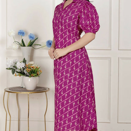 Miravan Womens Magenta Floral Printed Cotton Dress With One Side Pocket