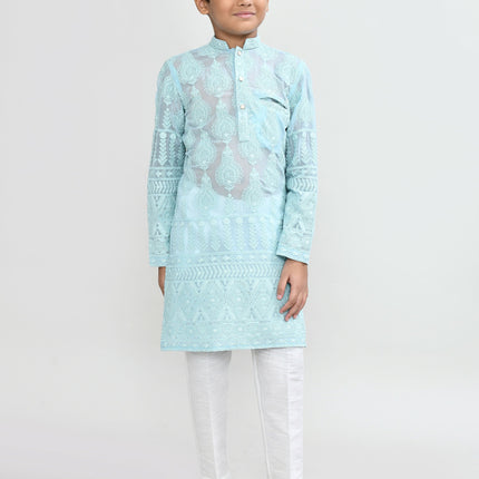 Joban Fashion Georgette Aqua Green Kurta With Straight Fit Pant