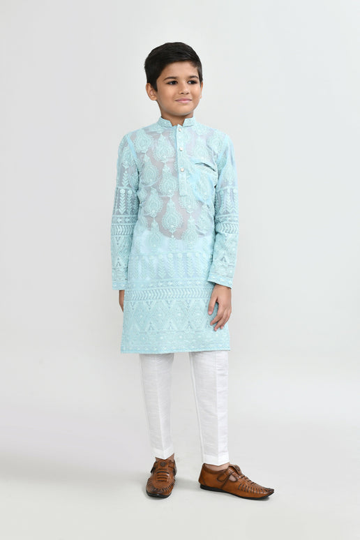 Joban Fashion Georgette Aqua Green Kurta With Straight Fit Pant