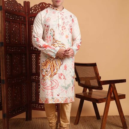 Off White Cotton Printed Chikankari Embroidery Work Kurta - Mahotsav