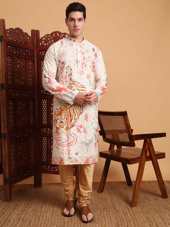 Off White Cotton Printed Chikankari Embroidery Work Kurta - Mahotsav