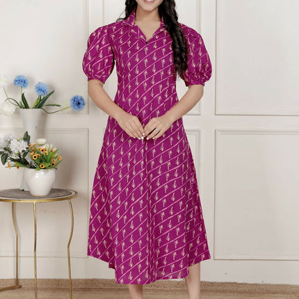 Miravan Womens Magenta Floral Printed Cotton Dress With One Side Pocket