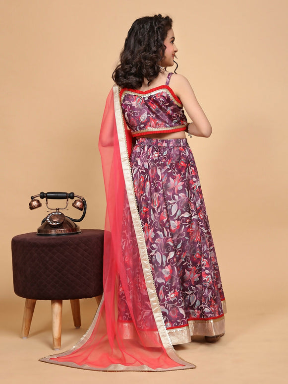 Divine Drape Girls Chinon Purple Printed Kids Lehenga Choli With Dupatta