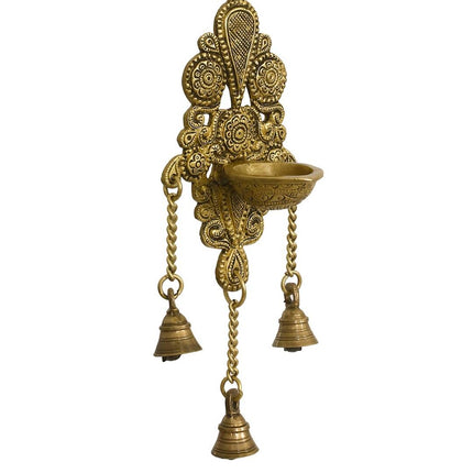 eCraftIndia Gold-Toned Handcrafted Antique Finish Diya with Bells Decorative Wall Hanging Showpiece