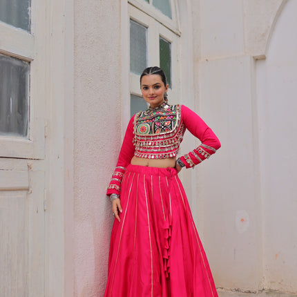 Lorenvalley Fashion Pink Roman Silk with Attractive Gota-Patti Lace Lehenga Choli
