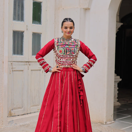 Lorenvalley Fashion Red Roman Silk with Attractive Gota-Patti Lace Lehenga Choli