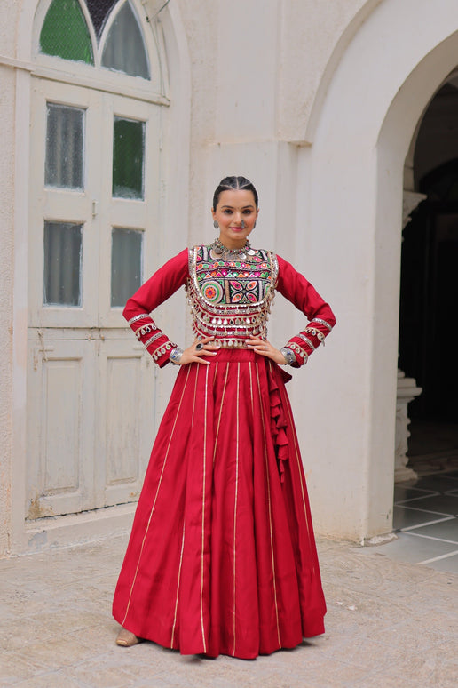 Lorenvalley Fashion Red Roman Silk with Attractive Gota-Patti Lace Lehenga Choli